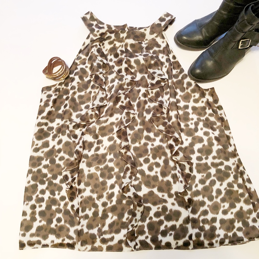 Ann Taylor leopard sleeveless ruffle front blouse